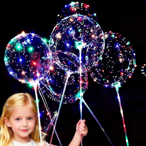 6 paquetes reutilizables de globos BoBo con luz LED con palo, 3 niveles de luces LED intermitentes, globos de burbujas de 20 pulgadas, bomba de aire, para cumpleaños y navidad