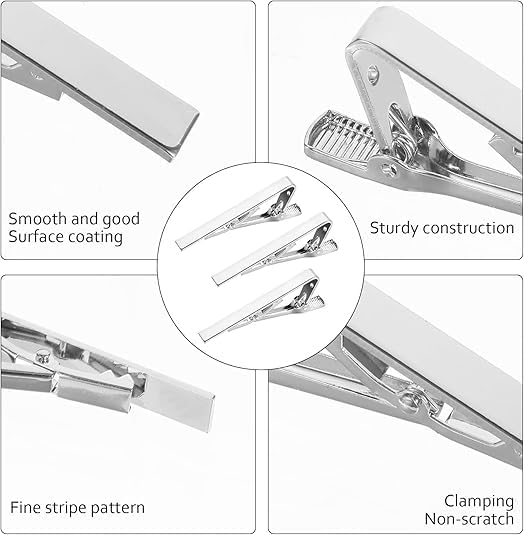 Tie Clips For Men, Silver, 3 Pcs Set