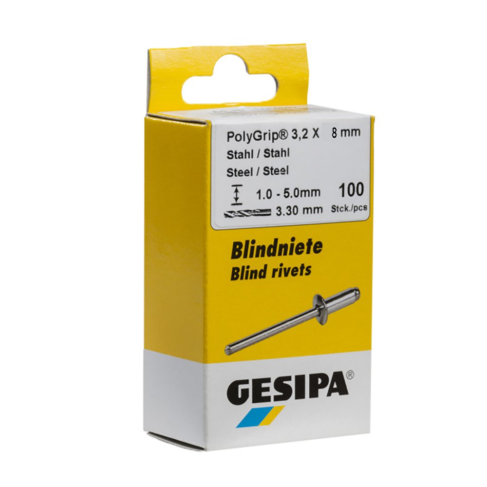 Gesipa 1464835 "PolyGrip" Aluminium/Stainless Steel Blind Rivets, Silver, 3.2 x 8 mm, Set of 100 Piece