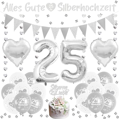 Xietaea Silberhochzeit Deko Silber Luftballons - 40 Stück 25 Jubiläum Dekoration Set mit Ballons Girlande Zahl 25 Luftballon und Tortendeko Innen Außen 25 Hochzeitstag Dekorationen