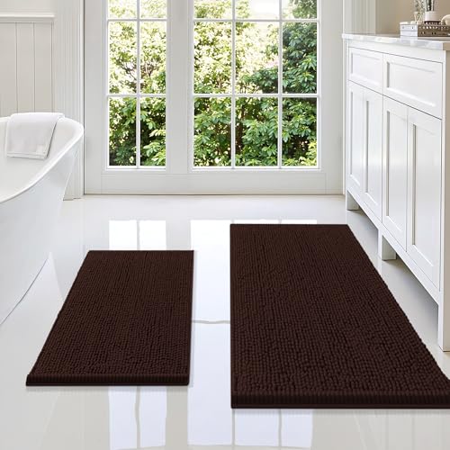 Image of Smiry Bathroom Rugs Sets 2 Piece, Soft Absorbent Chenille Machine Washable Non Slip Shaggy Bath Rug Set for Tub, Shower, and Floor (36x24+24x16, Brown)