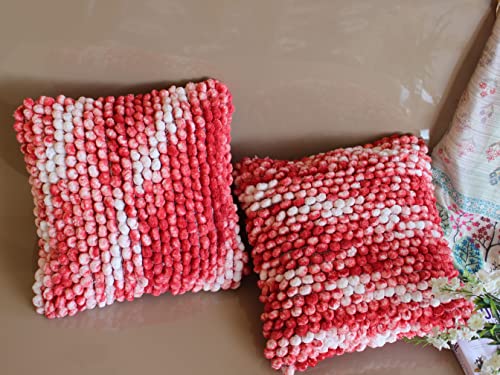 Image of Monstera Hut Boho POM POM Red Velvet Cushion Cover Pack of 2, (Cushion Cover 16x16inch) (40.6 x 40.6 cm)