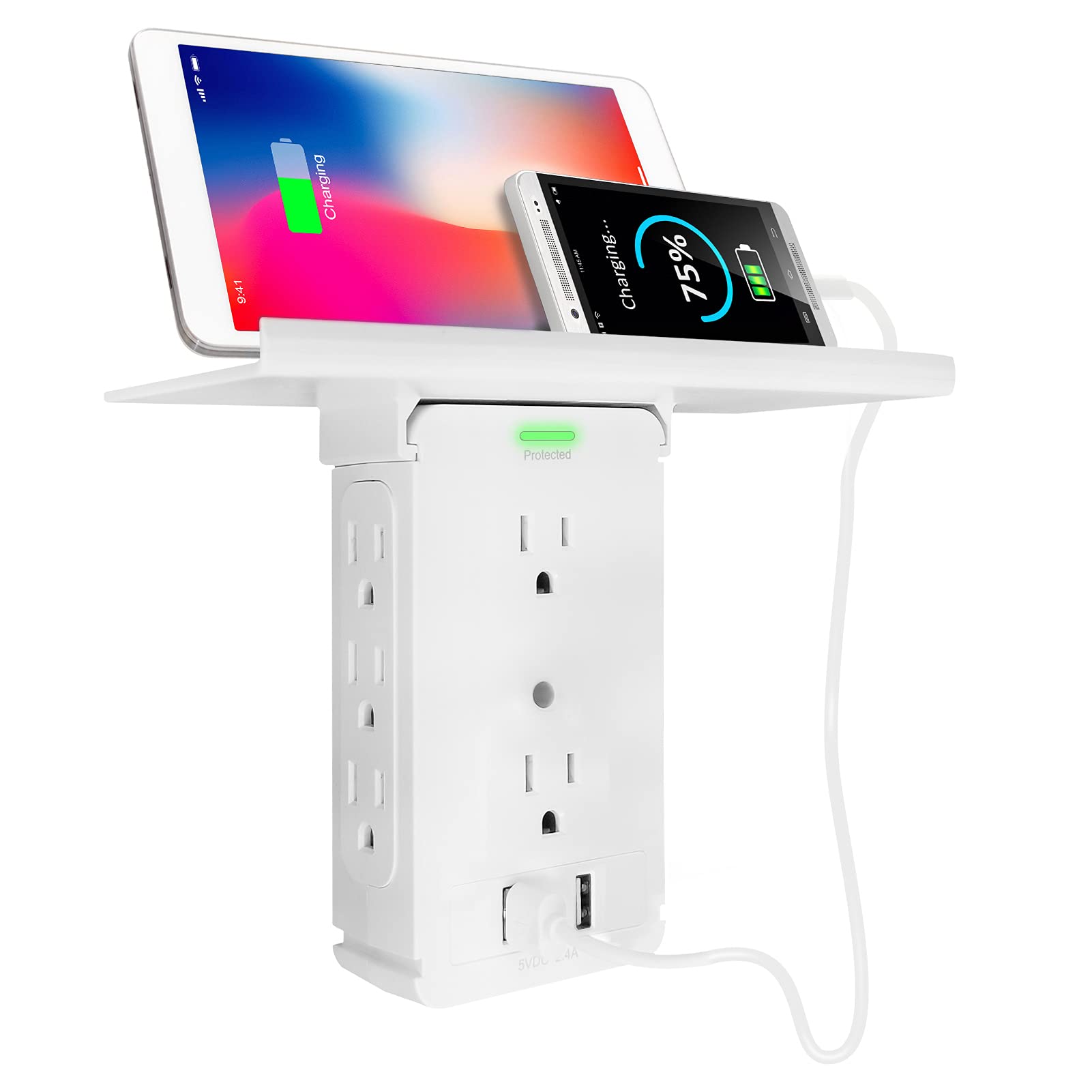 Surge Protector Wall Outlet, 8 Socket Extender with Removable Built-in Shelf, Wall Mount Shelf, Plug Adapter for Home, School, Office, White.