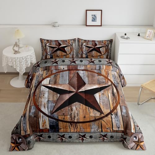 Image of Western Texas Star Comforter Rustic Wood Grain Comforter Set for Boys Girls Children Rustic Farmhouse Bedding Set Vintage Style Duvet Set Room Decor Quilt Set Queen Size