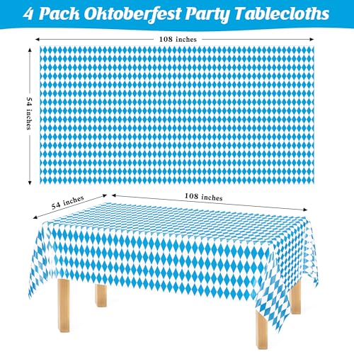 Image of 4 PCS Oktoberfest Decoration, 54 X 108 IN Blue White Checkered Plastic Oktoberfest Tablecloth, Disposable Rectangular German Theme Table Supplies, Bavarian Tablecover, Beer Tablecloth for Party Picnic