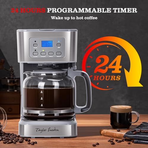 Image of Taylor Swoden 12-Cup Programmable Coffee Maker, Regular & Strong Brew Drip Coffee Machine for Home and Office, Glass Carafe, Pause & Serve, Auto Shut Off, Gray & Stainless Steel