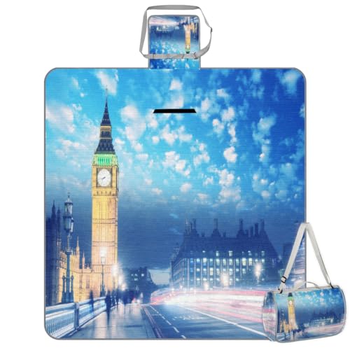 Shimoshe Picnic Blankets 57”x 59”, Night Big Ben Waterproof Sandproof Picnic Mat Lightweight Foldable Beach Blanket for Camping Park Grass Beach Outdoor Blanket