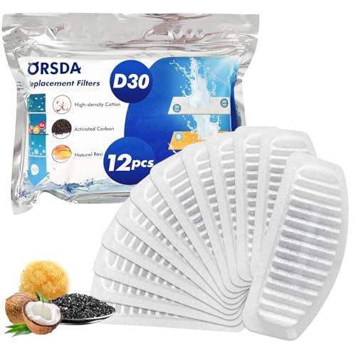 ORSDA Cat Water Fountain Filters Replacement Carbon Resin Filter ONLY for D30 67oz/2L Automatic Cat Fountain Dog Water Dispenser 4 Filtration System (12PCS Filters