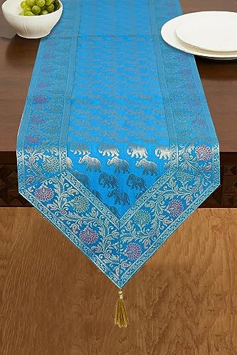 Image of Traditional Brocade Silk Table Runner for Living Room 4 to 6 Seater Dining Table Runner Elephant End Tassels 14x80 Inches (Turquoise)