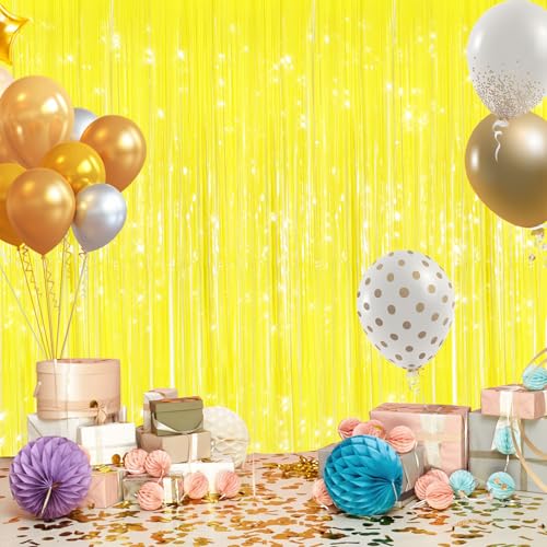 Image of GCB 2Pack Macaron Yellow Metallic Tinsel Foil Fringe Curtains, Door Streamers Photo Booth Backdrop for Birthday Party, Tinsel Curtain Backdrop for Baby Shower Bachelorette Christmas Party Decorations