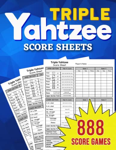 Triple Yahtzee Score Sheets: 888 Pads for Scorekeeping - Triple Yahtzee Score Cards | Triple Yahtzee Score Pads with Size 8.5 x 11 inches
