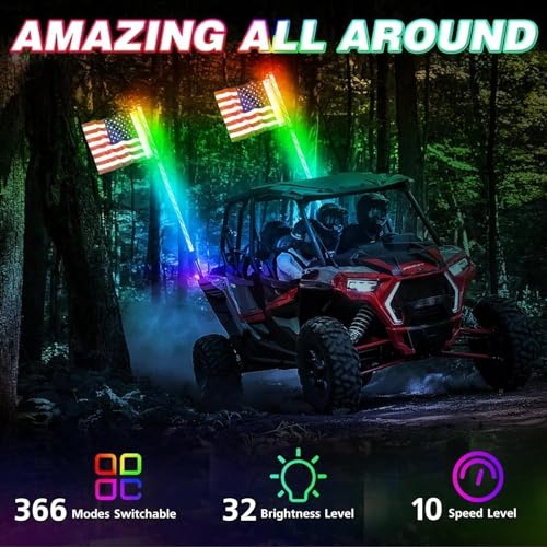 Image of LED Whip Lights, AKD Part 2PCS 4FT Lighted Whips RF Remote Control RGB LED Whip Antenna Chase Lights Warning Light for UTV ATV SXS Side By Side RZR Can-Am Kawasaki Honda Trucks Boat