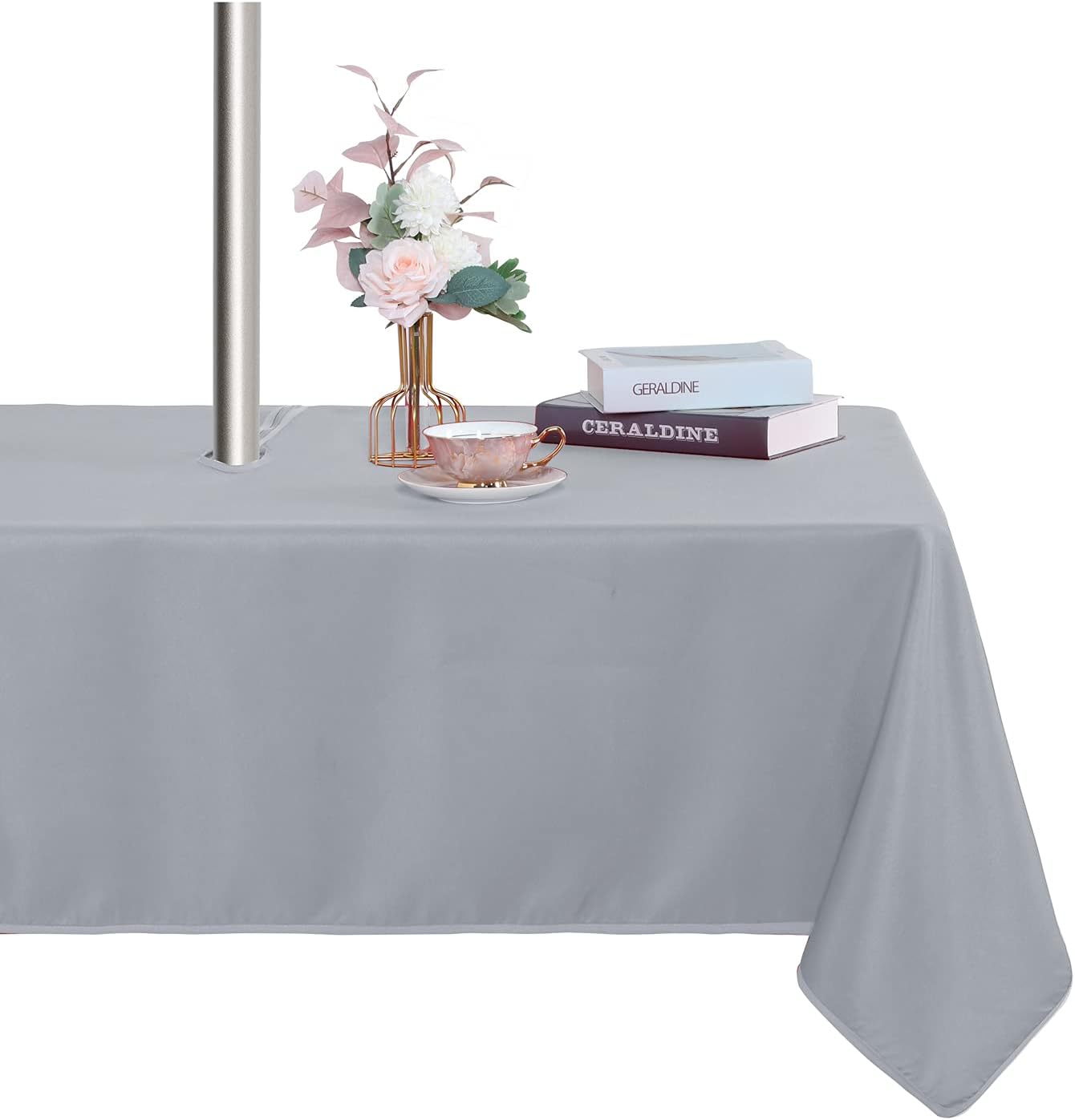Fitable Table Cover Outdoor and Indoor Tablecloth - Washable Waterproof Wrinkle Free Table Cloth with Zipper and Umbrella Hole for Spring/Summer/Party/Picnic/BBQS/Patio Silver Grey 60x120 inch