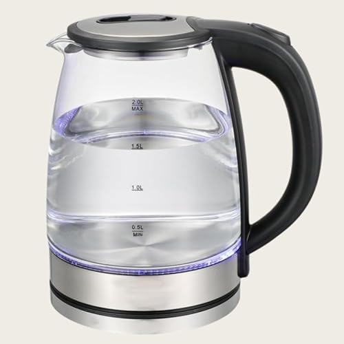 VoyageView電気ケトル、急速沸騰、1500W、二重断熱、空焚き防止、大容量、304ステンレス、ワンタッチ開閉、防滴、安全、省エネ、オフィスや家庭での使用に適しています (ガラスポット,2L)