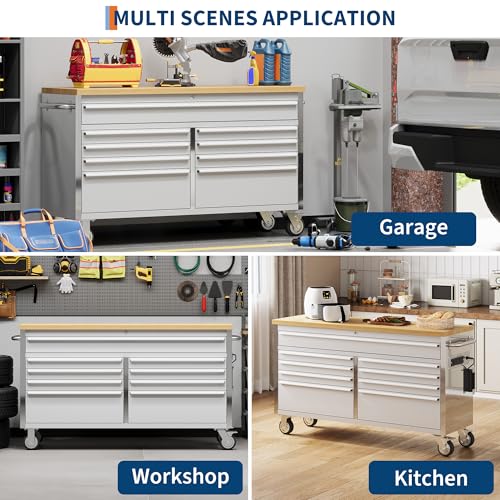 Image of IDEALHOUSE 61 inch Rolling Tool Chest, Garage Workbench with 9 Drawers, Solid Rubber Wood Top & with Wheels Lock Key Locking, Mobile Workstation Tool Cabinet for Workshop Storage