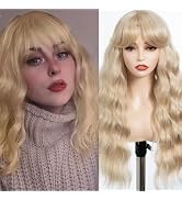 FASHION IDOL Long Curly Wave Wig with Natural Bangs for Women 24 Inches Bohemian Style Hair Gluel...