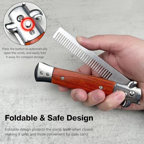 Peine plegable automático de acero inoxidable y madera miniatura 3