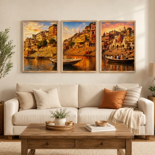 Image of Livin'luxe Set of 3 Banaras Ghat Wall Paintings for Living Room Bedroom Hallway Home Decor with Premium Wooden Color Synthetic Frame (25.5 x 19.5 Inch) NM03-62