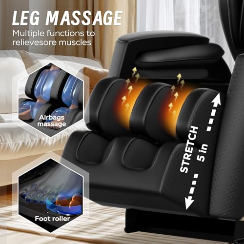 Full Body Massage Chair Recliner with Zero Gravity, Air Pressure Compression System, Heated Waist and Legs, Adjustable Footrest, Automatic Modes, Easy Setup Relaxation Seating for Home Office, Black - Image 4
