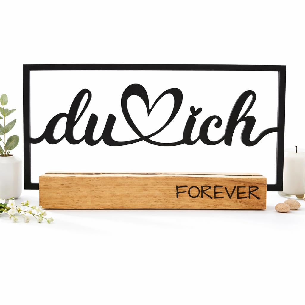 Deko-Schriftzug „du ich – FOREVER“ aus Holzdekor mit Eichensockel | moderne Tischdeko | romantisches Wohnaccessoire | Geschenk für Paare, Hochzeit, Jahrestag, Valentinstag
