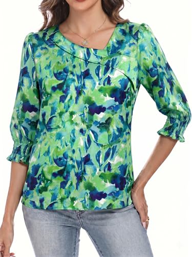 Funlingo Blouses for Women Dressy Casual 3/4 Sleeve Asymmetric Sqaure Neck Tops Dress Shirts Office Work Clothes with Smocked Cuffs Blue Green Tie Dye L — view 2