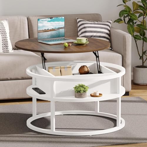DWVO Coffee Tables for Living Room, Round Lift Top Coffee Table with Storage and Hidden Compartment, Rustic Small Circle Coffee Table,Wood Center Table, Brown and White