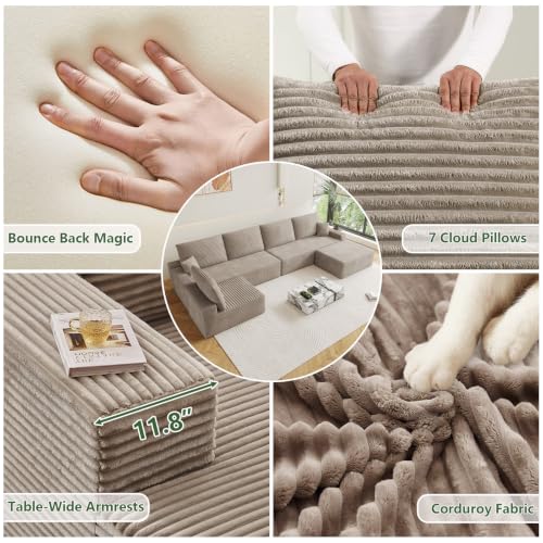 Image of Oversized Modular Sectional Sofa Couch, Large 6 Seater Corner Sofa Modern U Shaped Sectional Couch with Ottoman Cloud Couches for Living Room, Office, Spacious Space, Corduroy, No Assembly, Camel