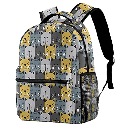 Sac à dos de voyage chat gris jaune avec porte-gourde pour enfant fille et garçon