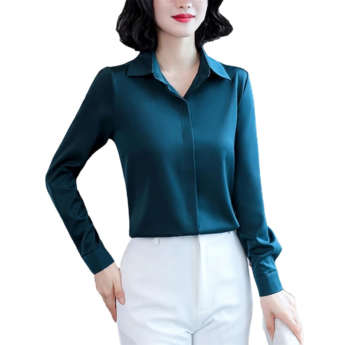 Camisa De Oficina De Seda para Mujer, Camisa De Satén Blanca Retro Informal De Manga Larga A La Moda, Talla Grande