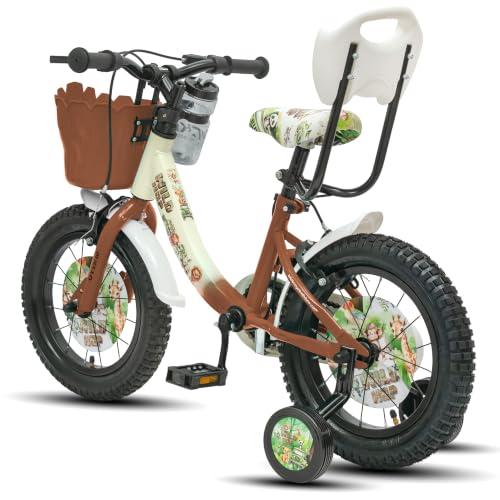 Image of WildHop 14T Kids Bicycle with Training Wheels, Backrest Seat, Basket & Safety Features for Toddlers (Crean Brown, 14T)