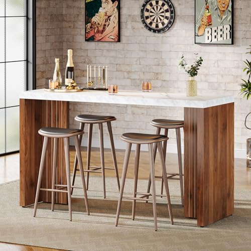 Tribesigns Home Bar Unit, 55.12-Inch Bar Table with a Faux Marble Finished Tabletop, Modern Freestanding Mini Bar for Home Kitchen, Living Room, Balcony, Basement, Walnut & White - Image 4