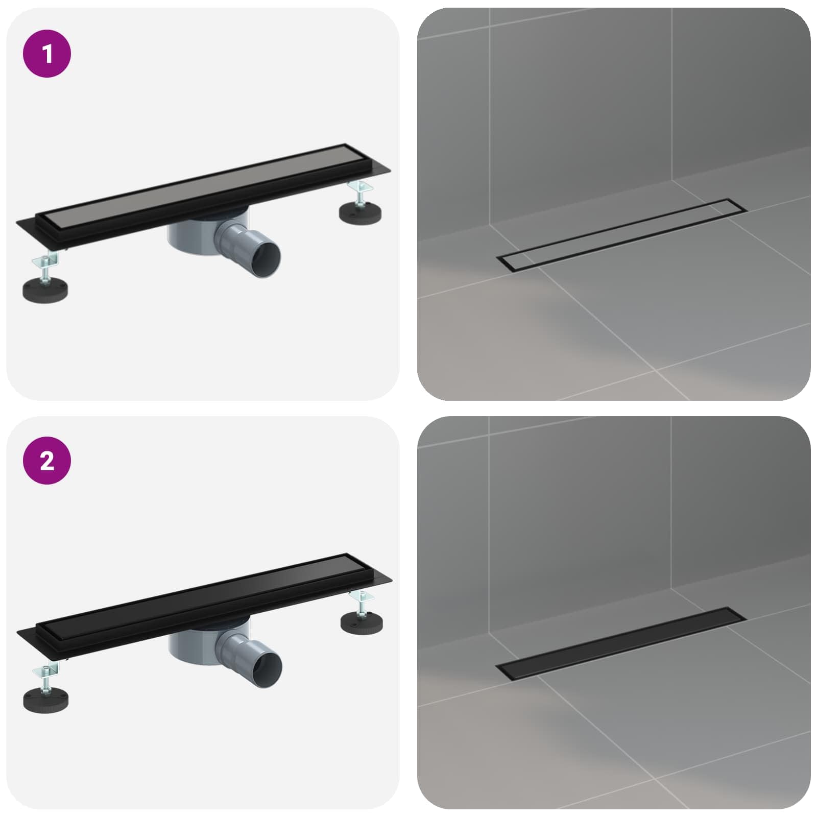 Duschablauf 2-in-1 mit 360° Siphon Schwarz aus Edelstahl 304, 50 cm lang, höhenverstellbar 0-30 mm, fliesenfähig, für Bad und Innenbereich, geruchsverschluss und abfluss mit Zubehör