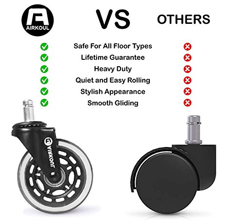 AIRKOUL Office Chair Caster Wheels, 5Pcs 3 Inches PU Replacements Wheels Universal Fit Safe for Hardwood & Carpet Floor,Smooth & Quiet