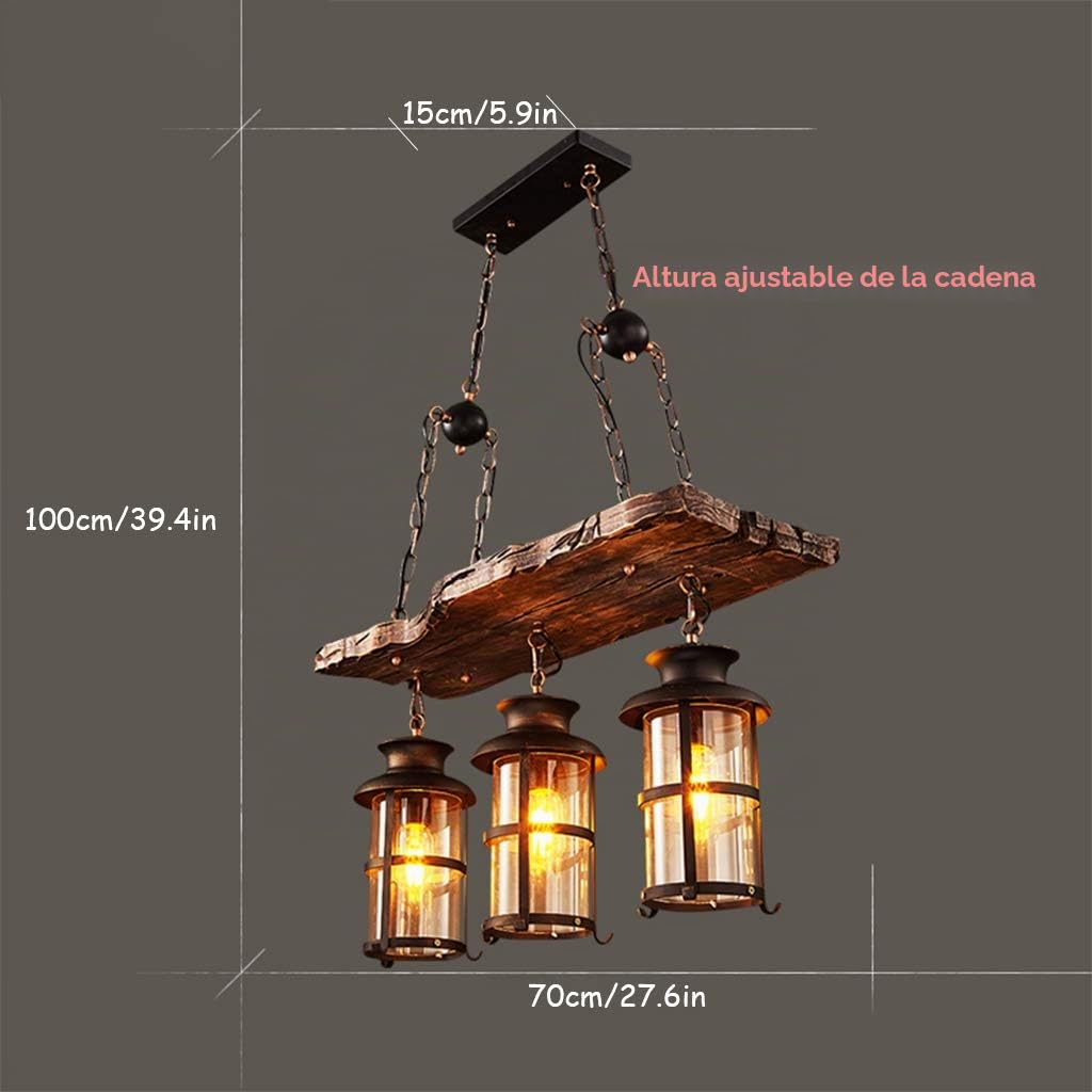 Lámpara Pendiente de La Vendimia de Metal Negro Lámpara de Techo de Vidrio Industrial y Madera Rústica Candelabros Altura Ajustable Para E27 Bombilla Para La Cocina Habitación Salón Lámpara Colgante