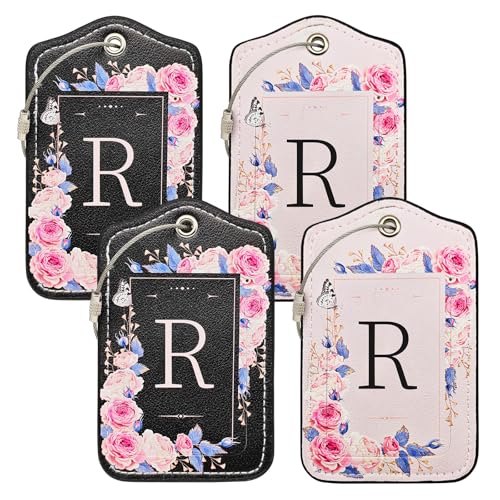 Initial Luggage Tags for Suitcases 4 Pack TSA Approved, PU Leather Luggage Suitcase Tags for Travel Baggage Name Personalized, Bag Tags for Easy Identification - Black & Pink Floral (Letter R)