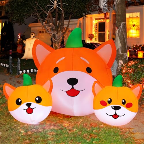 Image of GOOSH 5 FT Long Halloween Inflatables Pumpkin Dog Outdoor Decorations Blow Up Yard Dog Head Combo Decoration with Built-in LEDs for Indoor Party Garden Lawn Holiday Decor