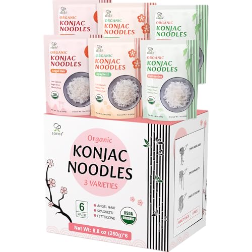 Soeos Organic Konjac Noodles, Shirataki Noodle, 8.8 oz*6 Packs, 3 Variety Noodles, Fettuccine, Angel Hair, Spaghetti, Low Calorie, Low Carb, Keto and Paleo Friendly, Total 52.8 Ounce