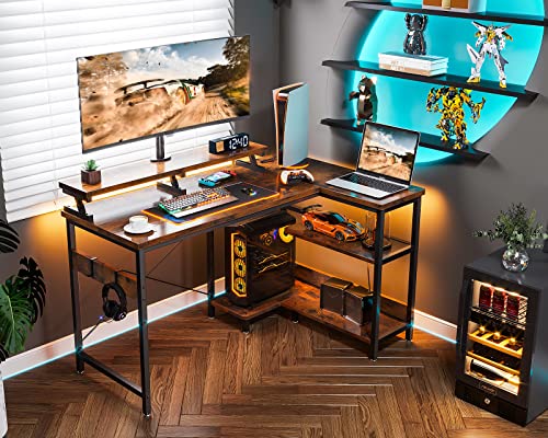 ODK l字デスク パソコンデスク L字型 ゲーミングデスク デスク 机 幅120cm コンセント付き desk PCデスク ラック付き 収納 オフィスデスク 省スペース 書斎 在宅勤務 組立簡単 ビンテージ