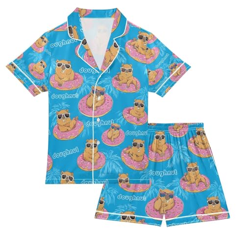 senya Capybara Swimming Circle Satin Summer Pajama Sets Silk Short Sleeve Button Down Sleepwear