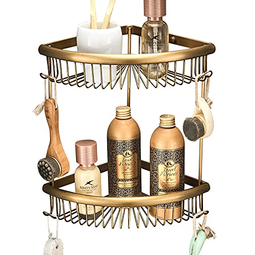 2 Tier Shower Caddy - Rust Free Brass Corner Shelves with Hook Holder - Wall Mounted Bathroom Storage Organizer