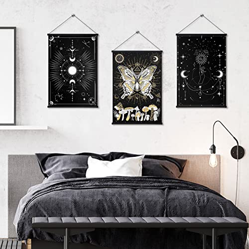Sherr 3 Pieces Sun Moon Tapestry Wall Hanging Sun Moon Poster Prints Wall Art Black And White Tapestry Moth Mushroom Phase Wall Decor Vintage Bathroom Paintings For Wall Bedroom #TOP5