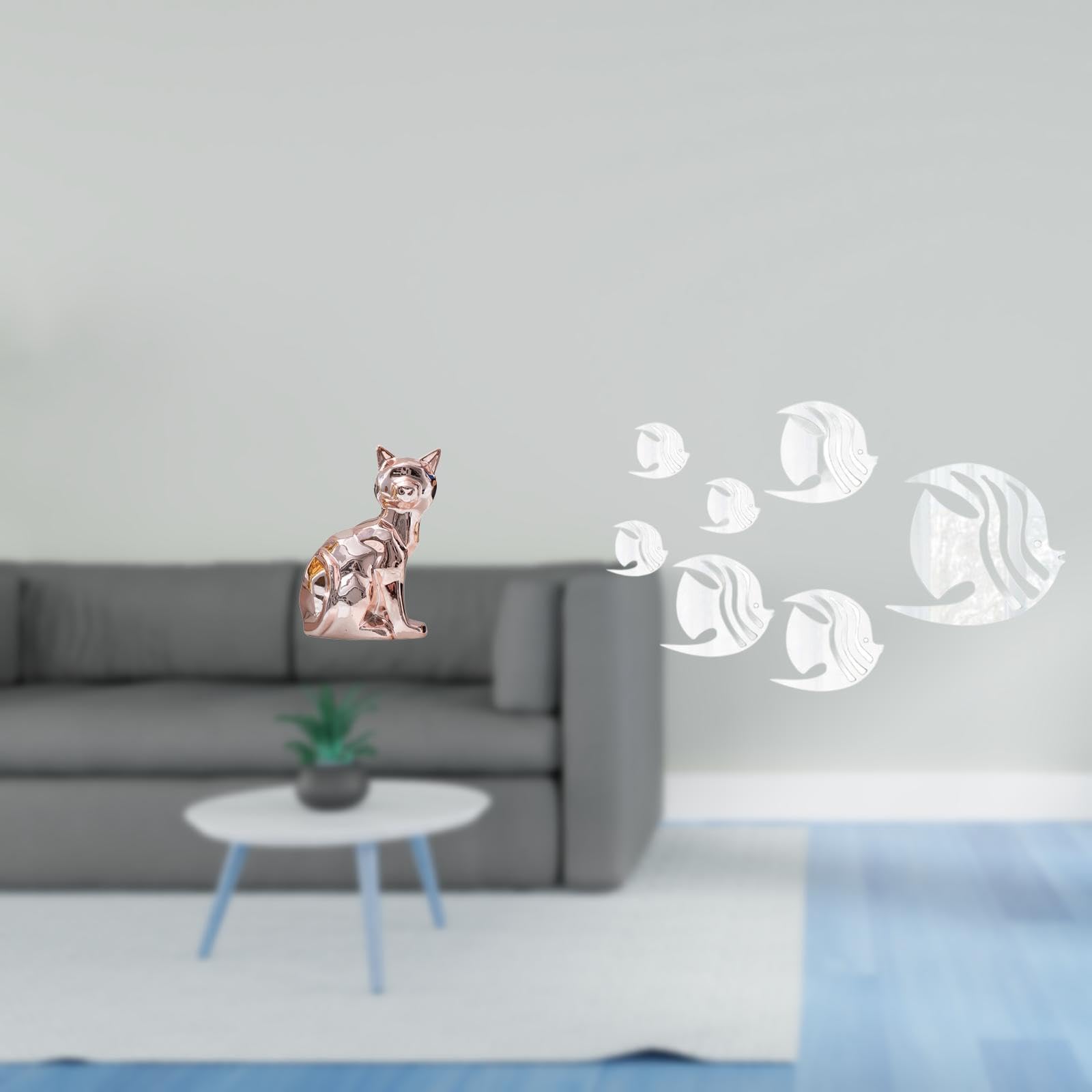 Cat Sculpture Ornament for Fireplace with Acrylic Mirror Fish Wall Decals Removable Art Decor for Sofa Tv Background-image-31
