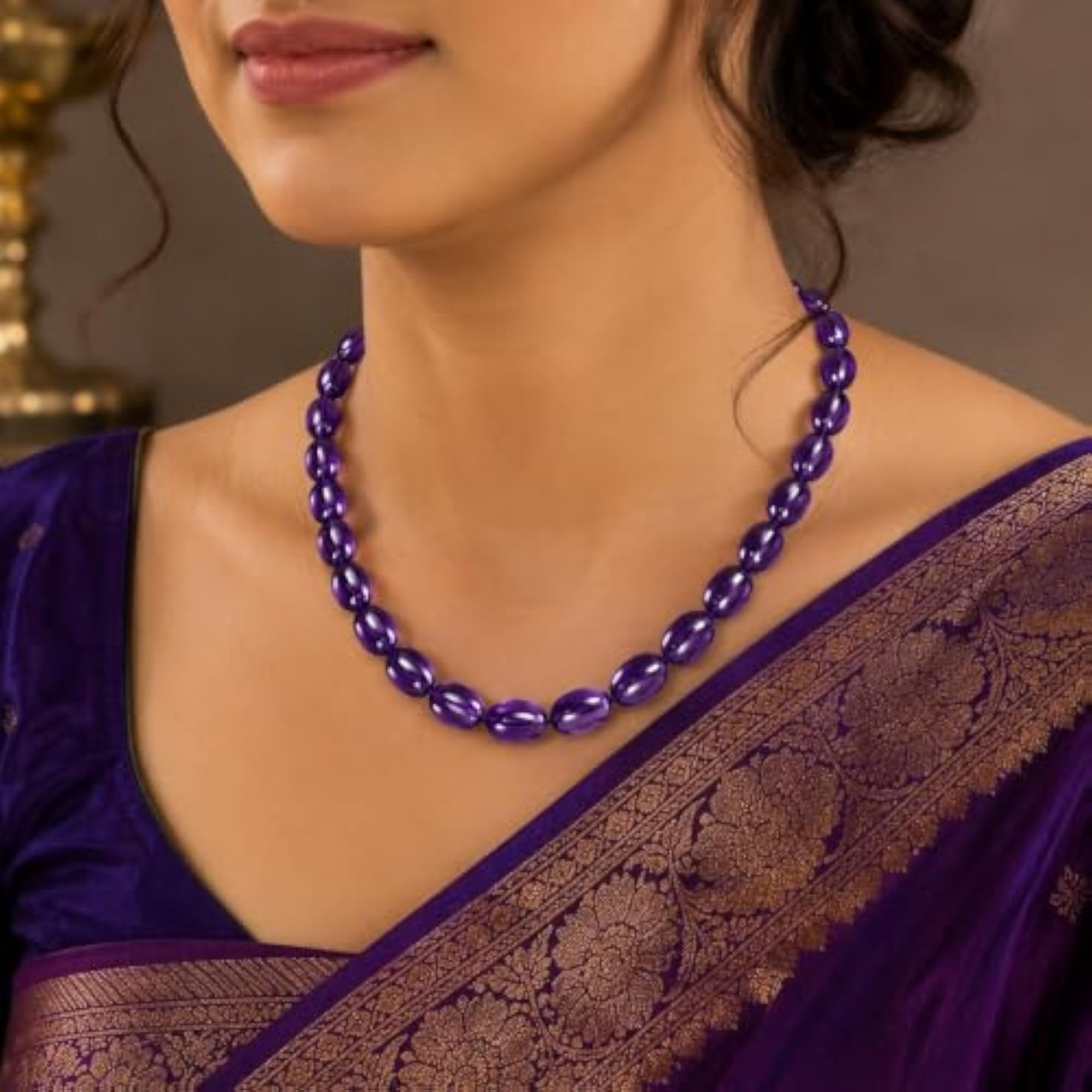 Unisex Purple African Amethyst Beads Necklace, Gemstone