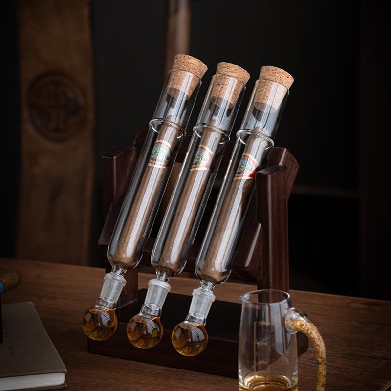Cigoak Maestro Wooden Cigar Infuser Set, Glass Tubes with Stand, 12.8 x 2.95 x 8.27 inches, Adjustable Humidity Control, 3 Tube Humidor Kit