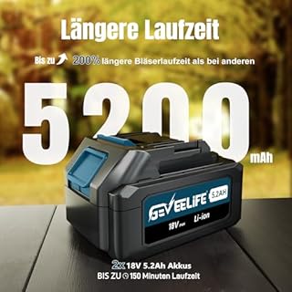 GEVEELIFE Akku-Laubbläser18V, 257 km/h Elektrischer Laubbläser mit 3-Gang & 2x5,2Ah Akkus –Kabellos laubbläser für Garten, Laub,Staub & Schnee, Blau