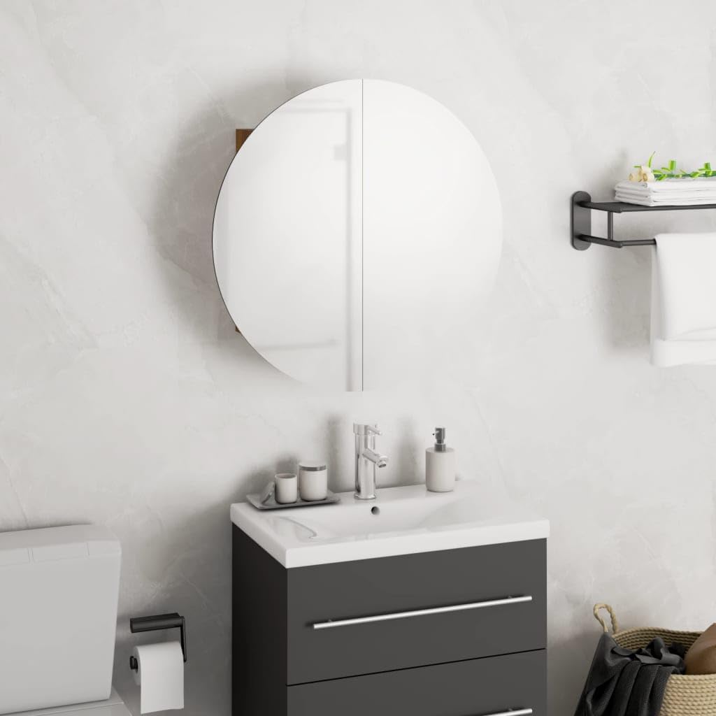 Round Bathroom Cabinet, Oak Engineered Wood, Glass, PVC, Copper, 15.7x15.7x15.7 Inch, Wall Mounted with LED Light, Ample Storage for Cosmetics, Toiletries