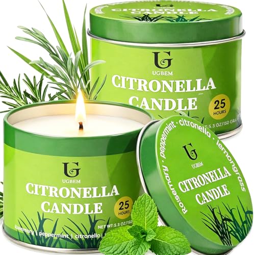 UGBEM Citronella Candles Outdoor for Camping Patio Essential Oil Candles for Yard and Outside Natural Non-Toxic Soy Wax Candle for Backyard Travel Indoor Home Decor Burns 26 Hours 5.3oz 2 Pack