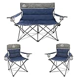 LANMOUNTAIN 3 Piece Portable Camping Chairs Set,Folding Lawn Chair Set with Cup Holder,Outdoor Heavy Duty Comfy Chairs,Loveseat Chair Perfect for Family Hiking,Picnics and Beach Trips,Blue