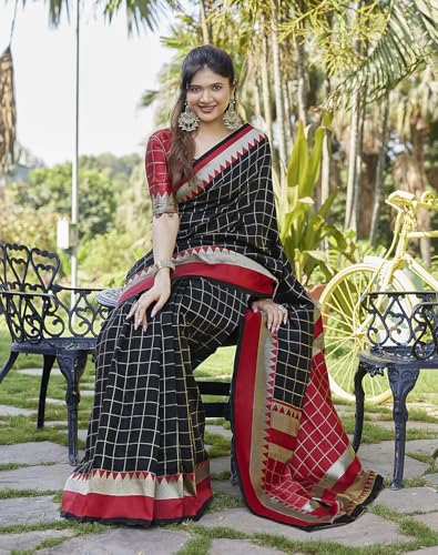 Image of Yashika Women's Banarasi Kanjivaram Art Silk Saree|Sarees for Women (AZ-YS-P1-CHECKS BLACK)