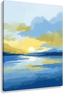 Novup Abstract Sunrise Lake Landscape Wall Art Canvas Print Decor Pictures Painting Artwork Golden Light Water Reflection Sky Clouds Mountain Silhouette Serene Blue Gold Tones 12X16Inch